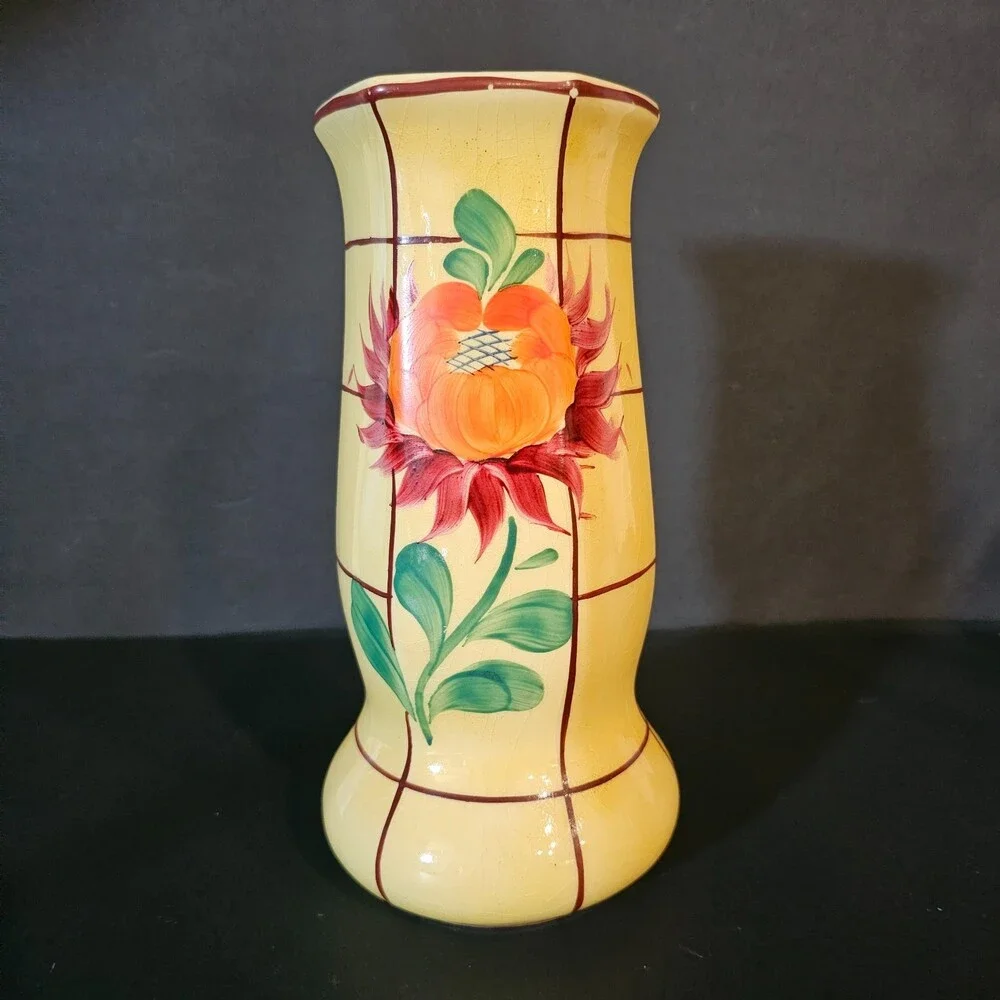 Vtg Handpainted Czech Pottery Vase, Yellow Orange Red Flower 8 x 4 in Art Deco
